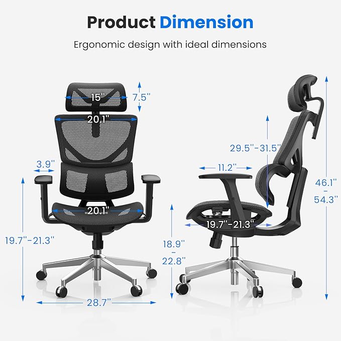 OdinLake L1 Ergo Upgrade 518 Black Ergonomic Mesh Office Chair – Big & Tall 350lbs, Dynamic Lumbar Support, Adjustable Height, Seat Depth, Headrest, Armrests, BIFMA Certified Desk Chair
