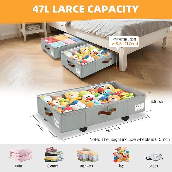 Under Bed Storage with Wheels,Underbed Storage with Sturdy Sidewalls/Bottom, Clear Cover, Label and PU Handle, Rolling Under Bed Drawers for Clothes, Shoes, 6.5 Inch Height,Grey, 4 Pack