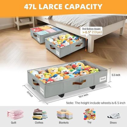 Under Bed Storage with Wheels,Underbed Storage with Sturdy Sidewalls/Bottom, Clear Cover, Label and PU Handle, Rolling Under Bed Drawers for Clothes, Shoes, 6.5 Inch Height,Grey, 4 Pack