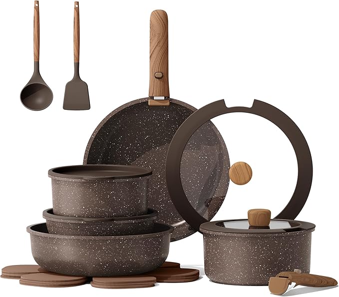 CAROTE 17PCS Pots and Pans Set Non Stick with Detachable Handle, Nonstick Cookware Sets, Cooking Kitchen Set, Oven/Dishwasher Safe, Induction Cookware, Brown, RV Kitchen Pot and Pan