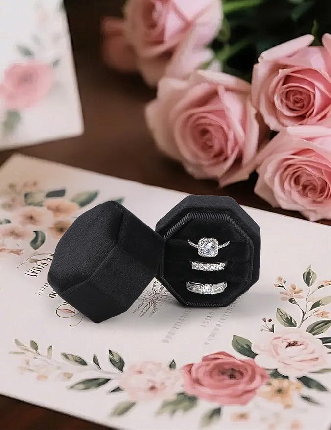 Velvet Ring Box, 3 Slots Wedding Ring Box, Vintage Octagon Premium Jewelry Display Holder Gift Box with Detachable Lid for Engagement Wedding Box Keepsake Box Bridal Photo