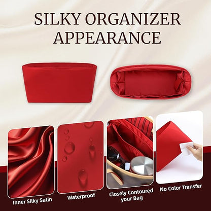 Purse Organizer Insert, Satin Tote Bag Organizer with 8 Sizes, Handbag Dividers for Inside Purse, Compatible with Longchamp, Neverful, 25C Hobo and More Bags（X-Large,Ruby）