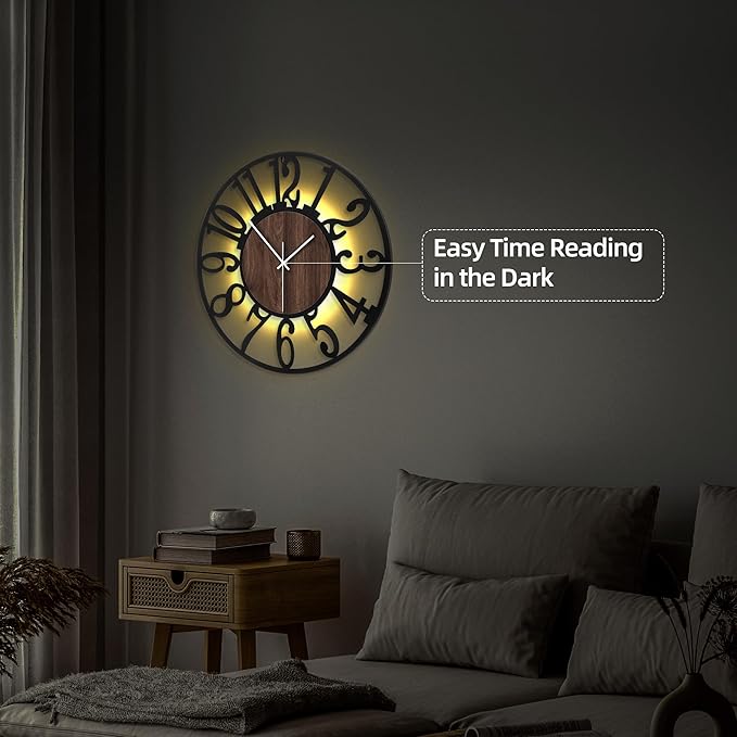 24'' Silent Wall Clock with Night Light, Glow in The Dark Decorative Wall Clock Battery Operated, Rustic Modern Metal & Wood Clocks for Bedroom Living Room Decor, Arabic Numerals