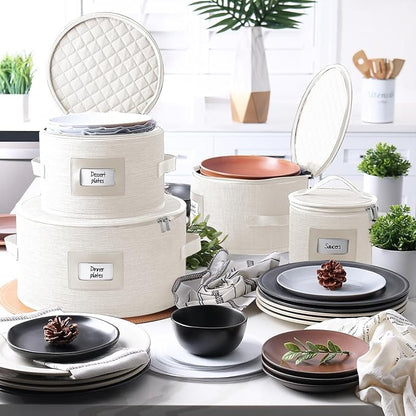 Fine China Storage Containers Hard Shell, 4 Piece Dish Storage Containers, Quilted Plate Containers, Stackable Dish Organizer with Dividers, Dinnerware Storage for Moving and Seasonal Storage, Cream