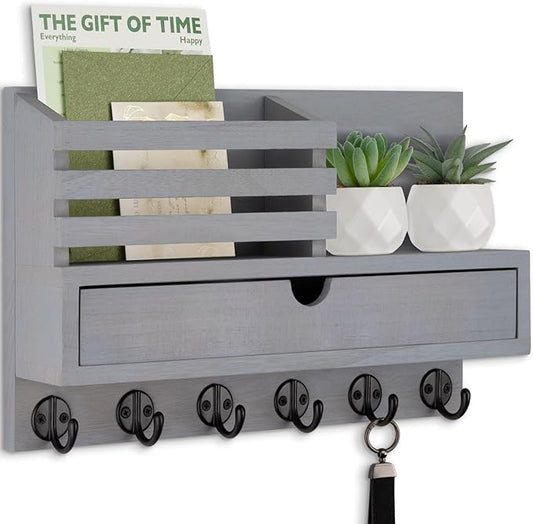 Key Holder Wall Mount, Mail Holder with Storage Drawer and 6 Key Hooks for Coat, Dog Leash, Home Decor Rack, House Accessories, Entry Way Organizer