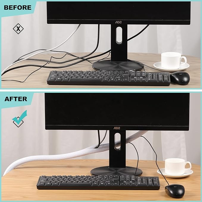AGPTEK Cable Sleeve Cover, 6.6ft - 1.2 inch Desk Cord Organizer Cable Hider, Home Office Wire Management Computer TV Wire Loom Tubing, Pet Proof Cord Protector, from Cat Dog Chewing, White