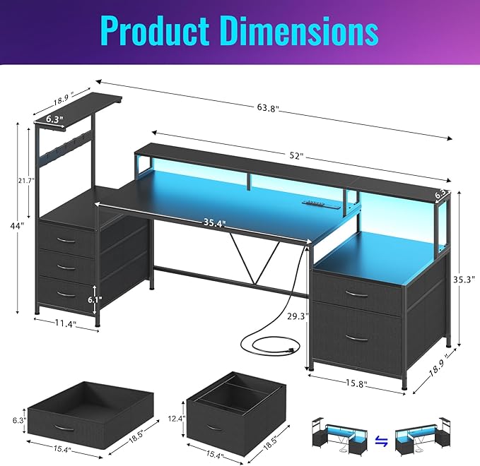 63" Gaming Desk with LED Lights & Outlets, Reversible Computer Desk with 5 Drawers & Printer Shelf, Gamer Desk Table with Storage Shelves & Monitor Stand, Black