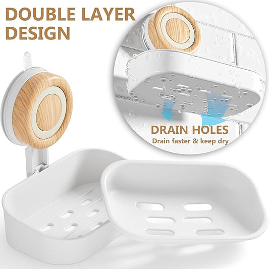 Double Layer Soap Dish for Shower 2 Pack, Wall Mounted Bar Soap Holder Suction Cup 2 Layer Self Draining Soap Case Sponge Holder for Shower Bathroom, Tub and Kitchen Sink, White