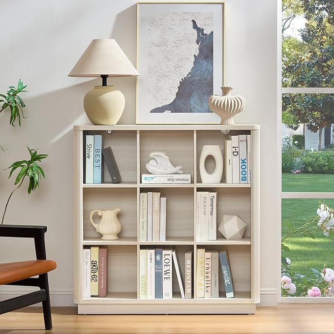 9 Cube Storage Book Shelf, 41" Tall Organizer Bookcase with Curved Edge, Wood Floor Standing 3-Tier Cubby Bookshelf with Base, Vintage Display Book Case for Bedroom,Office,Grey-White Cream Oak