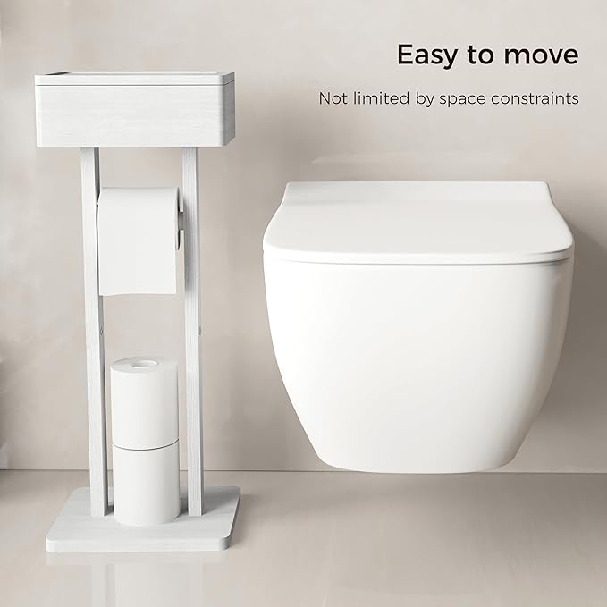 Wealone 4-in-1 White Toilet Paper Holder Stand with Storage Shelf Box, Bamboo Free Standing Toilet Tissue Roll, Toilet Wipes Dispenser Organizer, Temporary Desktop for Bathroom (Patent Protection)
