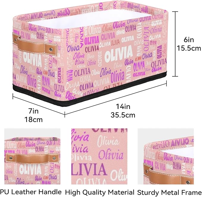 Personalized Narrow Storage Bins, Customized Name Pale Pink Storage Basket Rectangle Organizer for Organizing Kids Pets Toys Towels Socks Shelf Closet