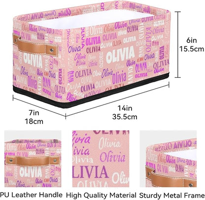 Personalized Narrow Storage Bins, Customized Name Pale Pink Storage Basket Rectangle Organizer for Organizing Kids Pets Toys Towels Socks Shelf Closet