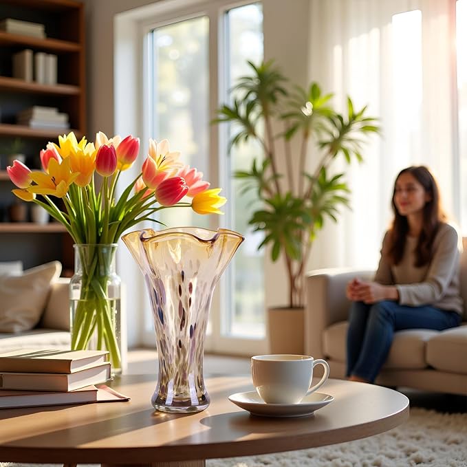 9.0"H Amber Glass Vases for Flowers, Unique Hand Blown Glass Vase Amber Gold Home Decor, Wide Mouth Colorful Flower Vase Centerpieces, For Living Room Table Bookshelf, Bathroom Office Shelf Decorative