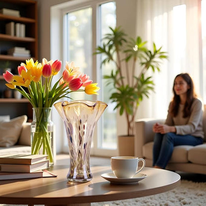 9.0"H Amber Glass Vases for Flowers, Unique Hand Blown Glass Vase Amber Gold Home Decor, Wide Mouth Colorful Flower Vase Centerpieces, For Living Room Table Bookshelf, Bathroom Office Shelf Decorative