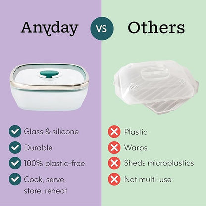 Anyday 10-Cup Square Glass Food Storage with Glass Lid | Plastic-Free Meal Prep & Microwave Cookware | Stackable Airtight Storage Container with Vented Lid for Microwave-Safe Reheating