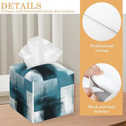 Turquoise Grey Abstract Tissue Box Cover Holder,Leather Tissue Case Holder Facial Paper Organizer Decorative for Tabletop Night Stands Desk Bathroom Kitchen Car Office Home Decor