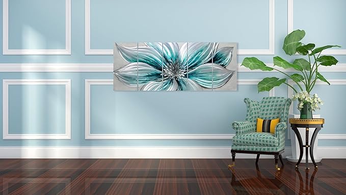 YHSKY ARTS Flower Metal Wall Art - Hand Crafted 5 Panels Aluminum Sculpture for Living Room Bedroom Decor