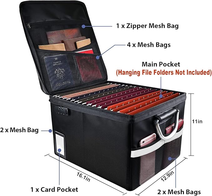 TOMKID Fireproof Document Box, Fireproof File Organizer Box with Lock, Portable File Folder Organizer with Handle for Hanging Letter/Legal Folder 16.1 x 12.9 x 11in
