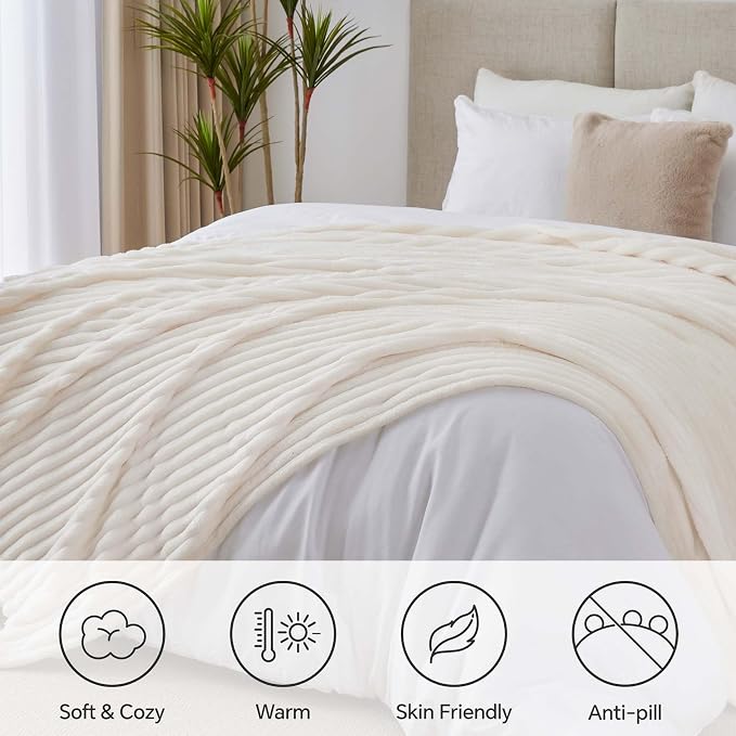 BEDELITE Blankets Queen Size for Bed, 300GSM Soft & Warm Fleece Blanket, Decorative and Giftable Striped Cream White Blankets for Women, Men, 90"x90"