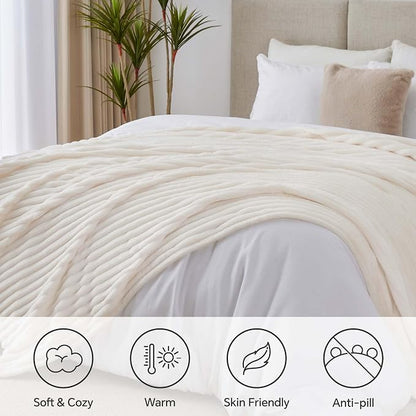 BEDELITE Blankets Queen Size for Bed, 300GSM Soft & Warm Fleece Blanket, Decorative and Giftable Striped Cream White Blankets for Women, Men, 90"x90"