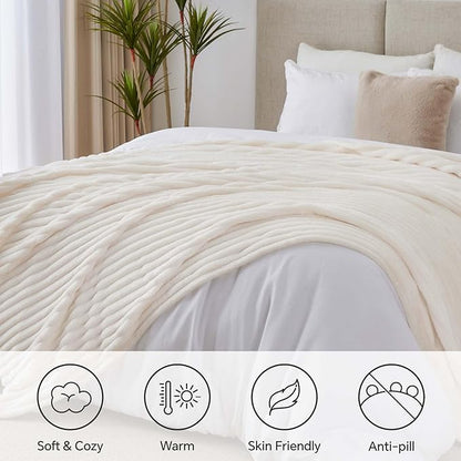 BEDELITE King Size Blanket for Bed, 300GSM Soft & Warm Fleece Blanket, Decorative and Giftable Striped Cream White Blankets for Women, Men, 108"x90"