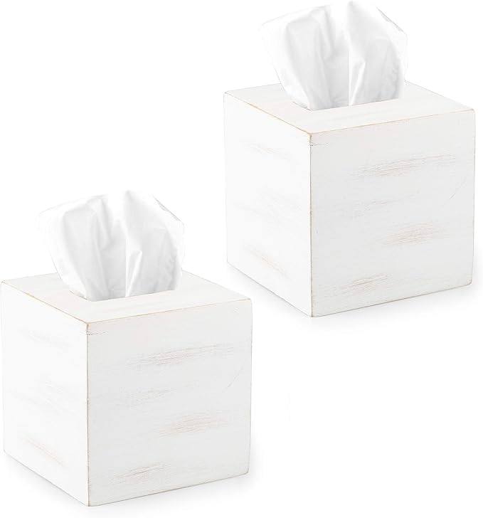 Ilyapa Wood Tissue Box Cover Square, 2 Pack - Rustic Farmhouse White Wooden Tissue Holder