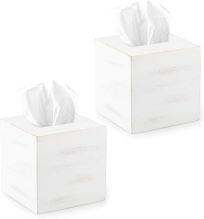 Ilyapa Wood Tissue Box Cover Square, 2 Pack - Rustic Farmhouse White Wooden Tissue Holder