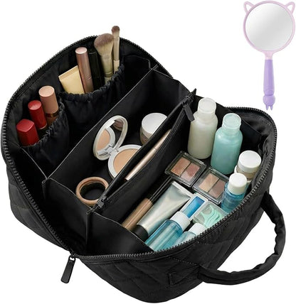 Illuminate Makeup Bag Organizer for Women Large Capacity Travel Toiletry Bag Wide Open Lay-Flat Cosmetic Bags Puffy Makeup Case with Compartments Waterproof Pouch for Toiletries & Brushes (Black)