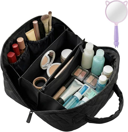 Illuminate Makeup Bag Organizer for Women Large Capacity Travel Toiletry Bag Wide Open Lay-Flat Cosmetic Bags Puffy Makeup Case with Compartments Waterproof Pouch for Toiletries & Brushes (Black)