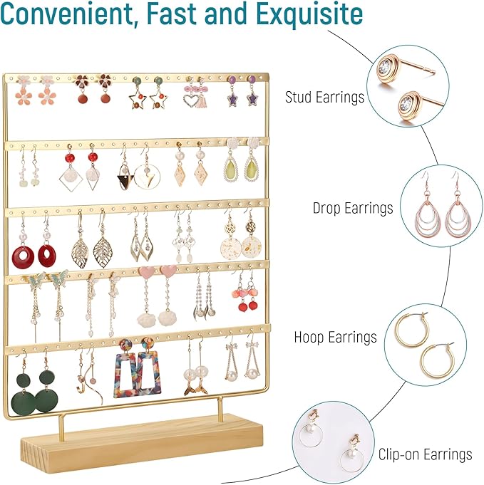 Earring Holder Organizer, 5-Tier Earring Organizer with 60-Pair Capacity, Wooden Base Metal Earring Display, Jewelry Storage & Display for Home Store, Suitable for Women