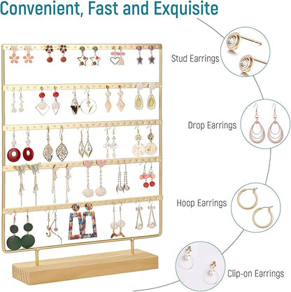 Earring Holder Organizer, 5-Tier Earring Organizer with 60-Pair Capacity, Wooden Base Metal Earring Display, Jewelry Storage & Display for Home Store, Suitable for Women