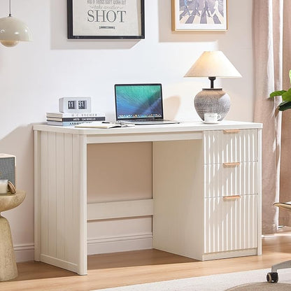 48" Modern Fluted Executive Desk with Storage Cabinet, White Large Home Office Desk with File Drawer & Metal Handles, Wood Computer Writing Table for Office,Study, Bedroom,Living Room