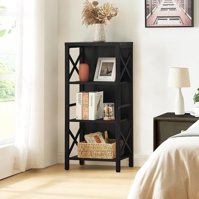 MNEETRUNG Small Bookshelf,4 Tier Industrial Bookcase with Metal Frame and Backboard,Narrow Black Book Shelf,Office Book case for Small Spaces,Living Room,Bedroom and Home Office