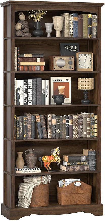 TVU 6-Tier Wooden Bookshelf, 76 Inch Tall Bookshelf with Storage, Floor Standing Modern Style Display Bookcase for Living Room, Office, Study Room, Entryway, Brown