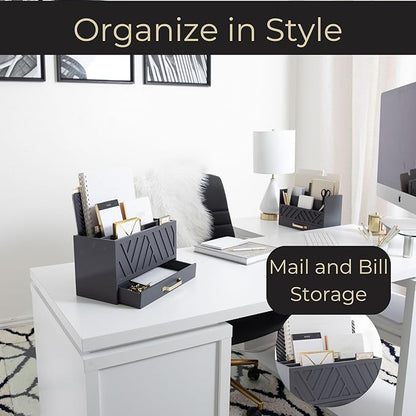 BLU MONACO | Grey Three-Tier Desktop Mail Organizer with Gold Label Holders & Drawer | Stylish Mail Holder and Countertop Document Storage for Home or Office