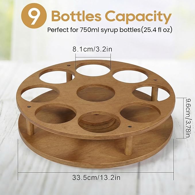 THYGIFTREE Rotating Coffee Syrup Organizer for Countertop, 9-Bottle Wooden Syrup Rack & Bottle Holder for Coffee Bar Station, Turntable Display Stand, Brown
