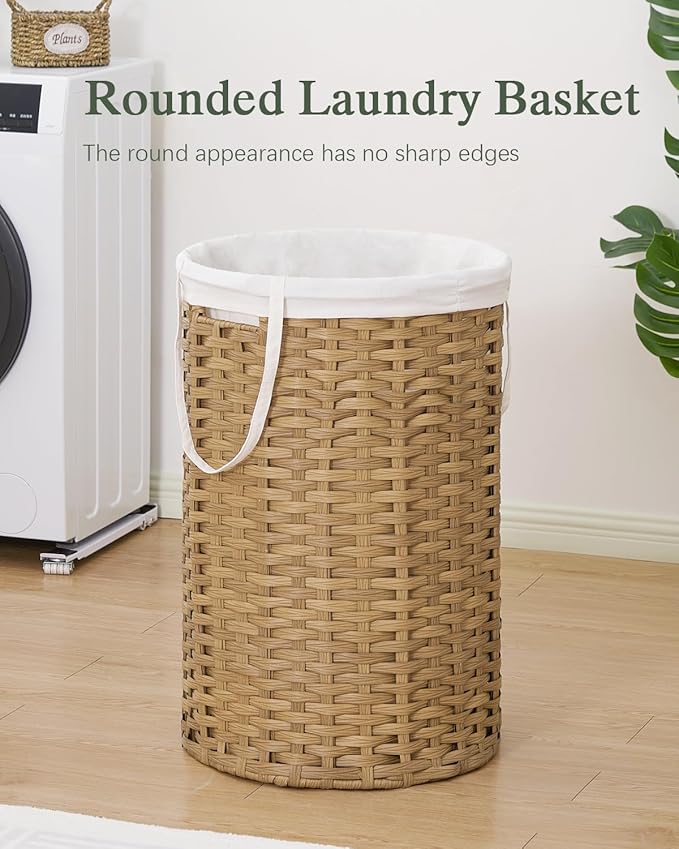 34.3 Gal (130 L) Large Laundry Hamper Laundry Basket Round Handwoven Wicker Laundry Baskets Rattan Laundry Basket with Removable Bag Handles 2 Mesh Bags for Living Room Bedroom Natural(No Lid)