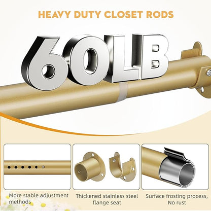 1.3 Inch Diameter Closet Rods for Hanging Clothes 17-28 Inch Adjustable, Metal Heavy Duty Closet Pole, Gold Closet Bar for Hanging Clothes, Suitable for Closet, Wardrobes, Bathroom, Windows