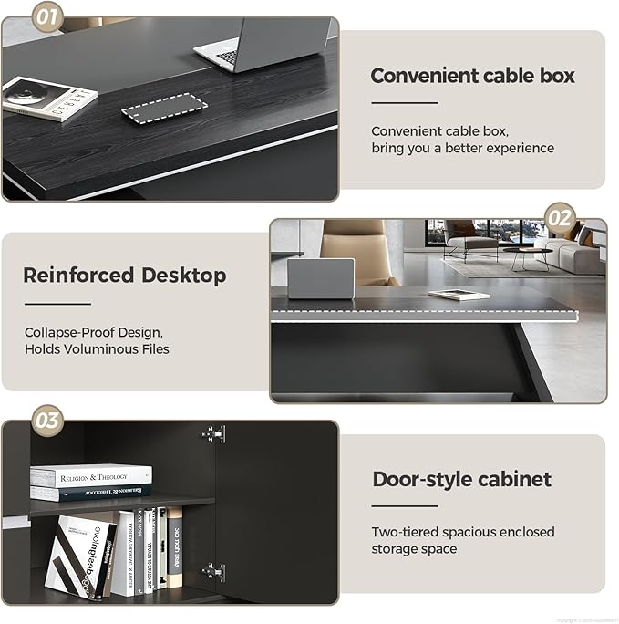 Modern L Shape Executive Desk with Storage Drawers – Large Black Corner Executive Desk for Home Workspace, Spacious Computer Table with Cabinets (Black/Right, 79" L * 63" W * 30" H)