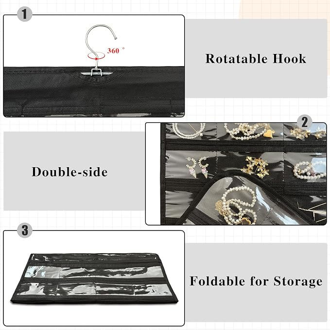 1 Pack Hanging Jewelry Organizer 80-Pocket Dual-sided Jewelry Storage for Earring Necklace Bracelet Ring Travel Holder, Black