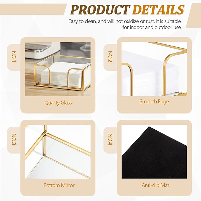LemonRoad 4 Pcs Square Gold Napkin Holder for Table 5.7 x 5.7 Inch Decorative Cocktail Napkin Holder Glass Flat Paper Basket for Kitchen Dining Buffet Bar Counter Wedding Party Restaurant Bar Hotel