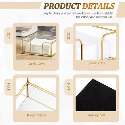 LemonRoad 4 Pcs Square Gold Napkin Holder for Table 5.7 x 5.7 Inch Decorative Cocktail Napkin Holder Glass Flat Paper Basket for Kitchen Dining Buffet Bar Counter Wedding Party Restaurant Bar Hotel