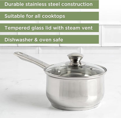Ecolution Stainless Steel Sauce Pan, Encapsulated Induction Ready Cooking Pot with Glass Lid, Oven Safe, Dishwasher Safe Soup Pot, 2-Quart