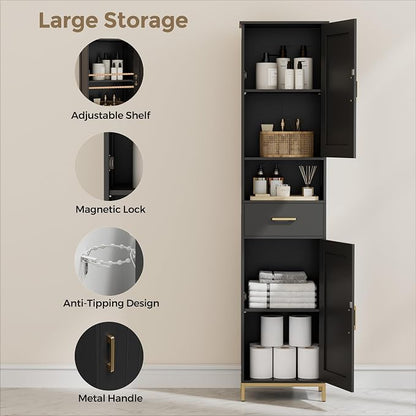 Homhedy 67" H Bathroom Storage Cabinet, Tall Storage Cabinet with Adjustable Shelves, Freestanding Cabinet with Doors and Drawer, Narrow Cabinet for Bathroom, Living Room, Kitchen, Dining Room, Black