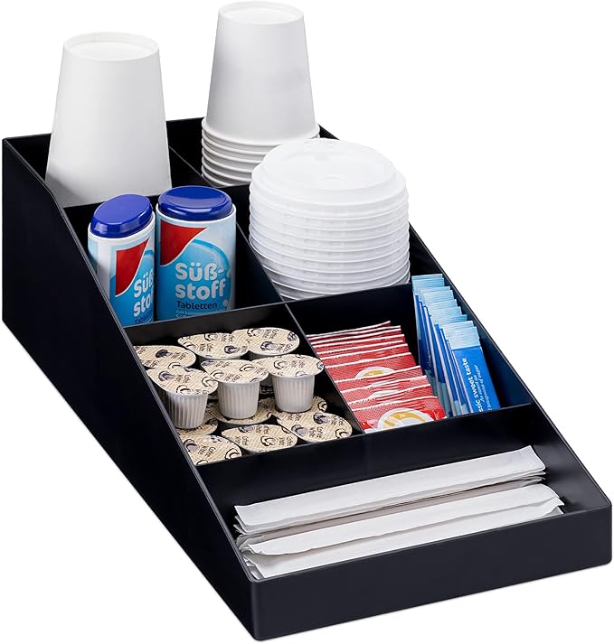 Navaris Coffee Station Organizer - 7 Compartment Coffee Bar for Sugar, Creamer, Cup, Tea - Office & Kitchen Countertop Organization