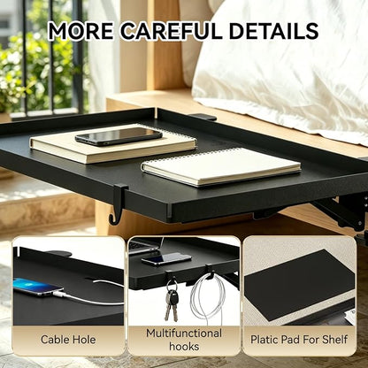 Foldable Bedside Shelf for Bunk Beds, Heavy Duty Metal Clip-On Nightstand Tray, 12.6 x 9.25 Inch Loft Bed Side Table with Cord Hole, Dorm Room College Essentials, Black