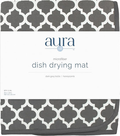 S&T INC. Dish Drying Mat XL, 18” x 24”, Absorbent Microfiber Kitchen Counter Mat, Dish Drying Pad for Dishes, Utensils, Pots and Pans, Extra Large, Pewter Grey Trellis