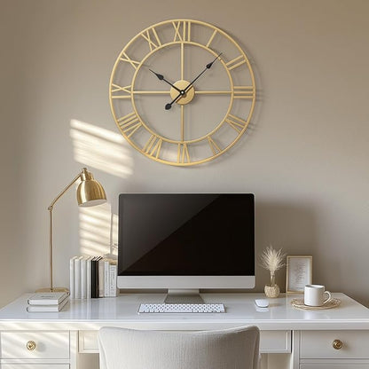 Cuspin Gold Wall Clock, 24 Inch Large Wall Clock for Living Room Kitchen Mantel, Completely Silent Non Ticking Battery-Operated Metal Round Luxury Decorative Modern Clock - Roman Number