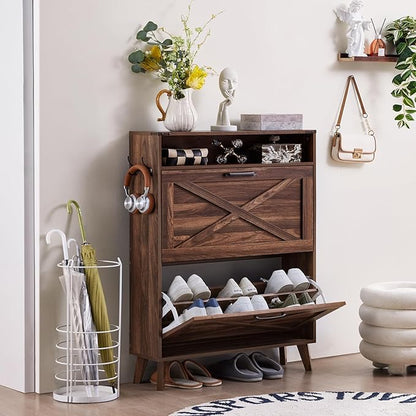 Shoe Storage Cabinet with 2 Flip Drawers, Farmhouse Shoes Organizer for Entryway, Narrow Hidden Shoe Rack with Legs & Open Storage, Freestanding Shoe Closet for Foyer, Hallway, Brown Walnut