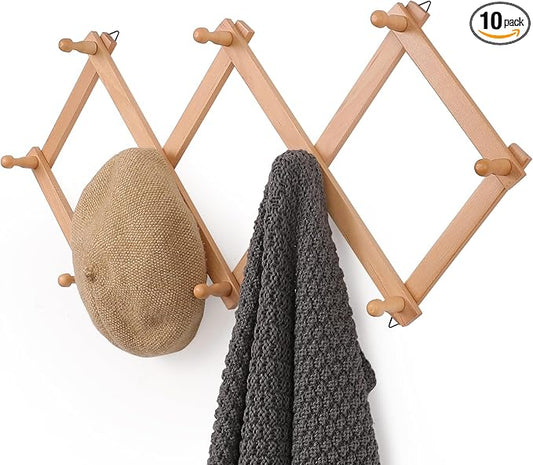 SCUNDA Wall Rack with 10 Hooks, Wooden Wall Expandable Coat Rack for Coat, Hats, Baseball Caps, Coffee Mug, Jewelry(Natural)